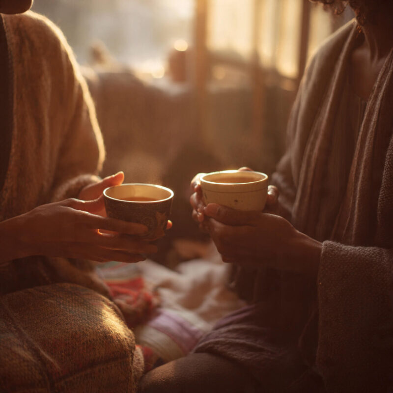 A soft, golden-light photo of two people holding mugs, representing emotional connection and how relationships help us build resilience and inner calm