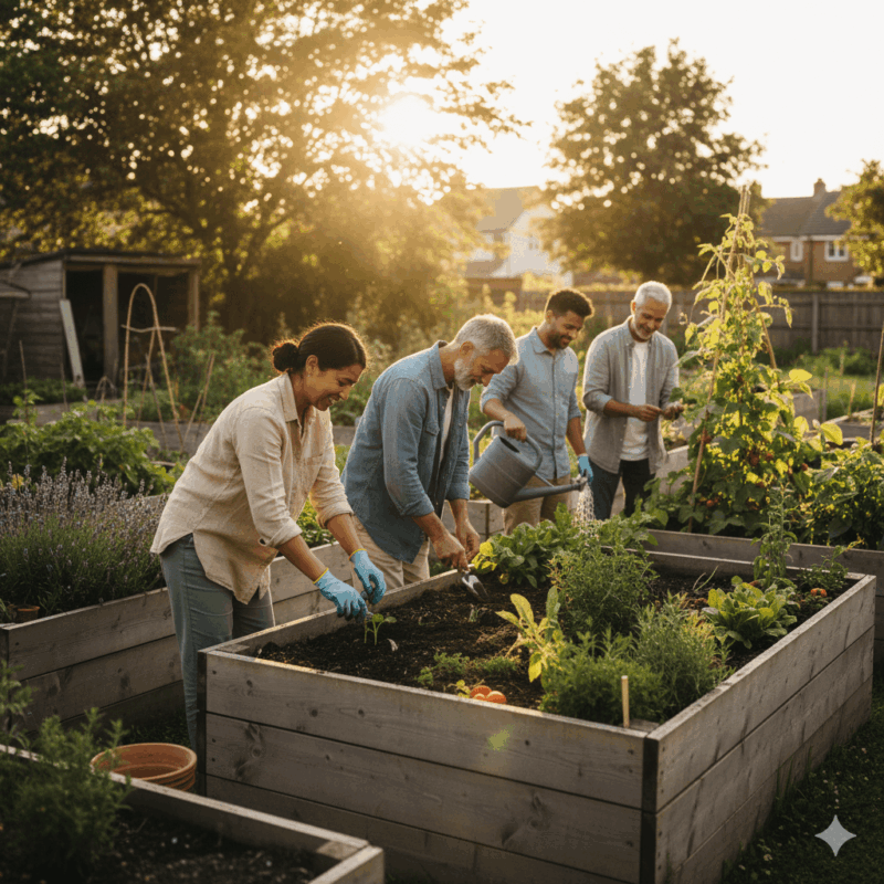 Local volunteers tending raised garden beds in the UK under warm evening light, showing purpose-led connection and shared community wellbeing