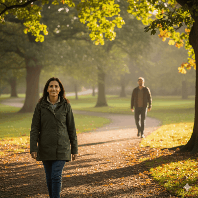 Person walking through a leafy UK park on a sunny morning, smiling at a passer-by, symbolising micro-connections and everyday belonging