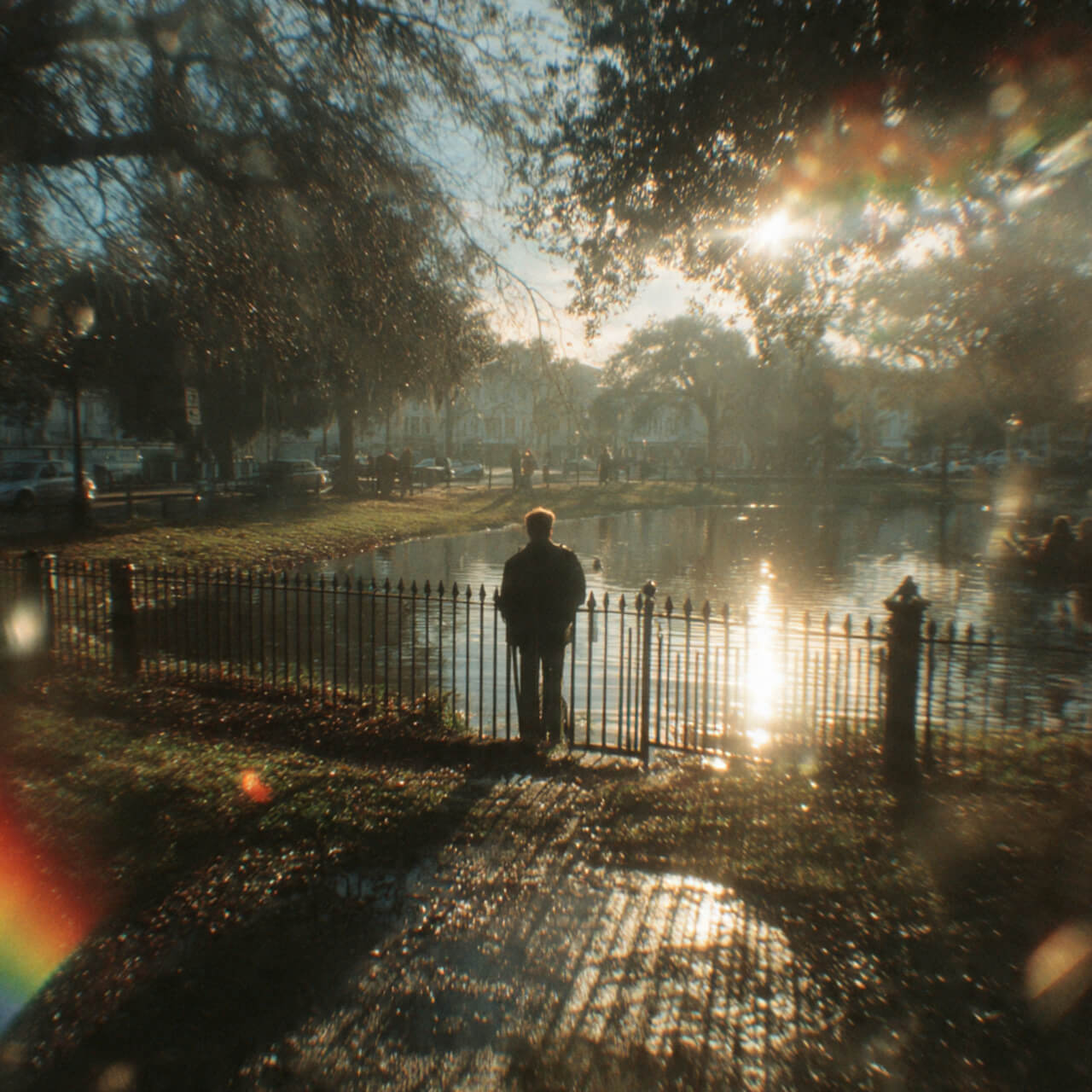 Person leaning on a park railing watching ripples on water, reflecting on life with calm focus