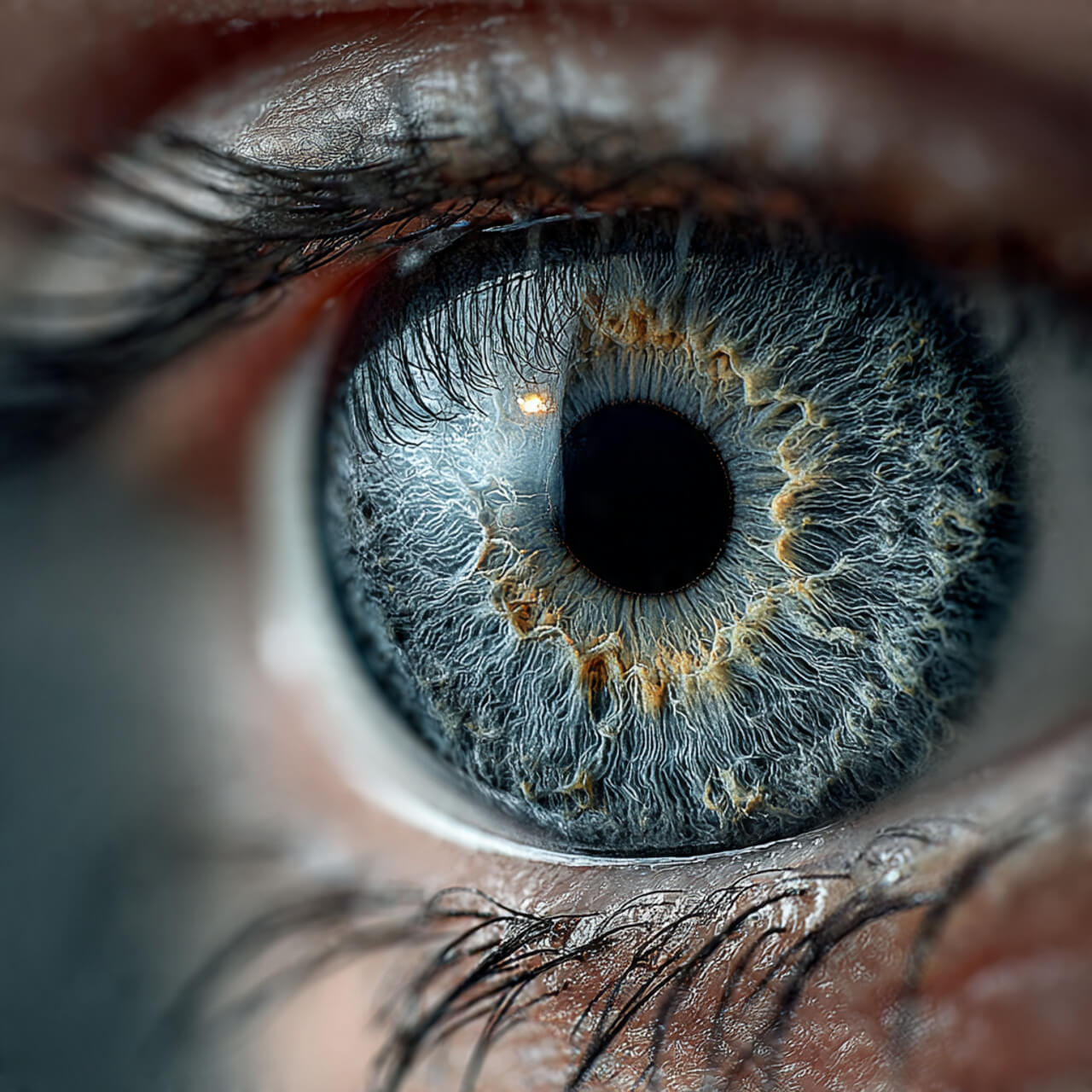 Extreme close-up of a human eye showing fine iris detail, used to illustrate how visual attention and mental focus are connected in daily focus training and how to train your focus