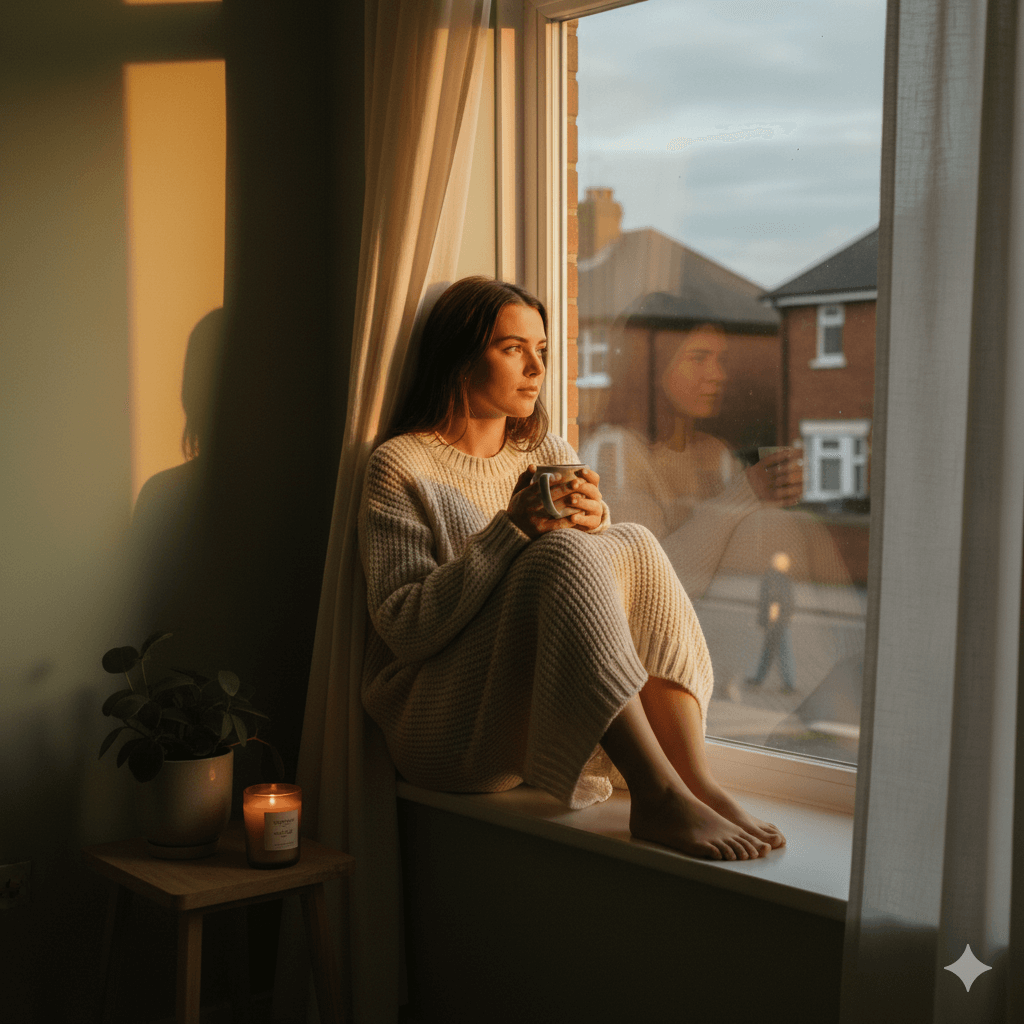 Why Am I So Lonely? 10 Proven Strategies to Reconnect (2025) Young woman sitting by a window at dusk in a UK home, reflecting quietly while holding a mug, symbolising loneliness and small ways to reconnect