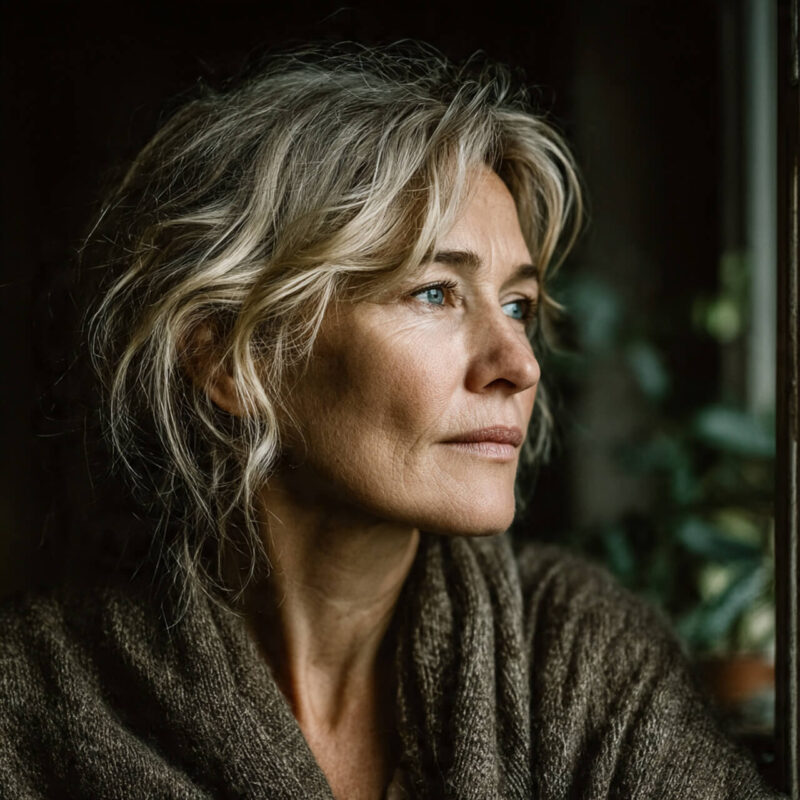 Woman gazing out of a window wrapped in a cosy cardigan, representing reflection and gentle emotional awareness.