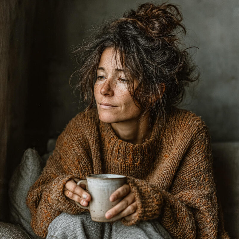 Woman in her 40s wearing a brown jumper, sitting quietly with a mug, symbolising the pause needed to reset your mindset during overwhelm