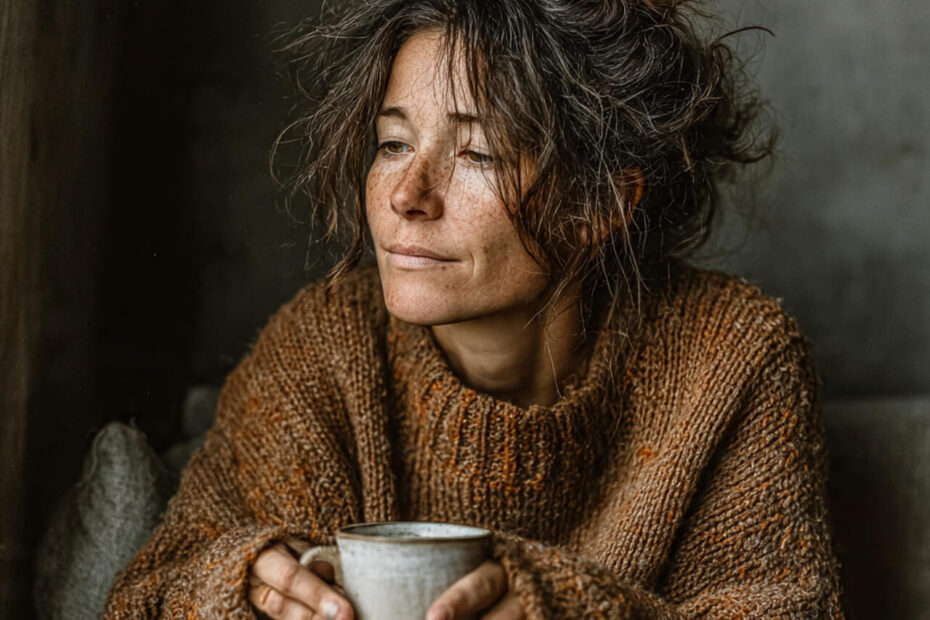Woman in her 40s wearing a brown jumper, sitting quietly with a mug, symbolising the pause needed to reset your mindset during overwhelm