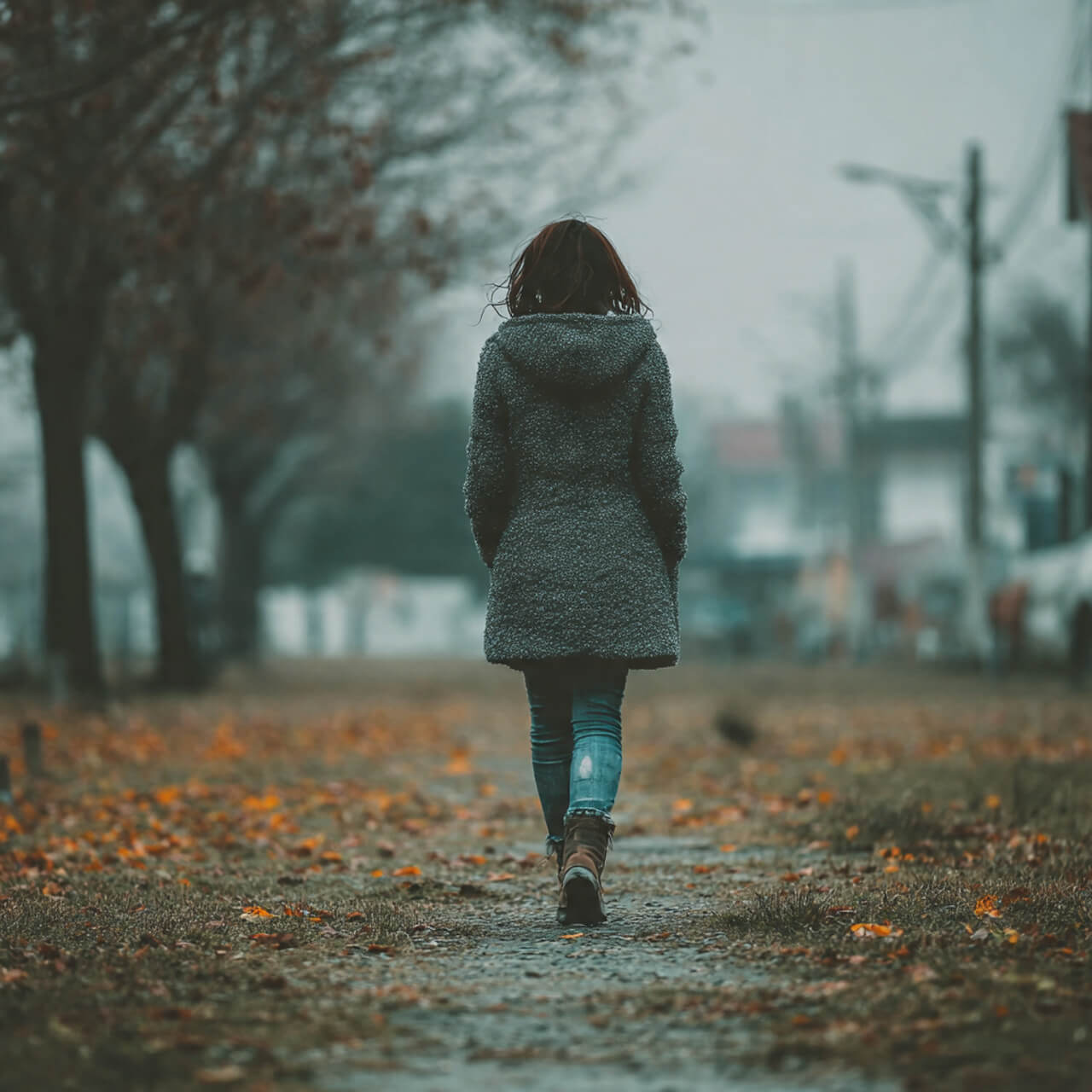 Woman walking alone down an autumn path wearing a coat, representing the movement stage of the 10-minute reset your mindset