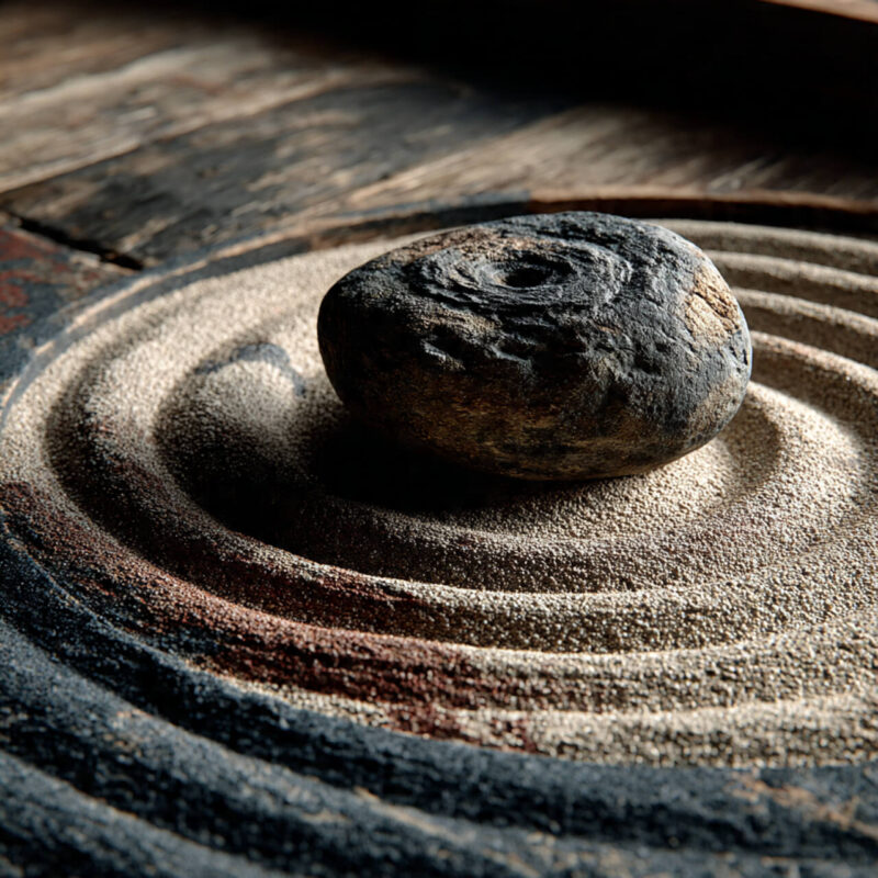 Japanese zen garden with stone in raked sand symbolizing finding happiness within yourself and inner peace