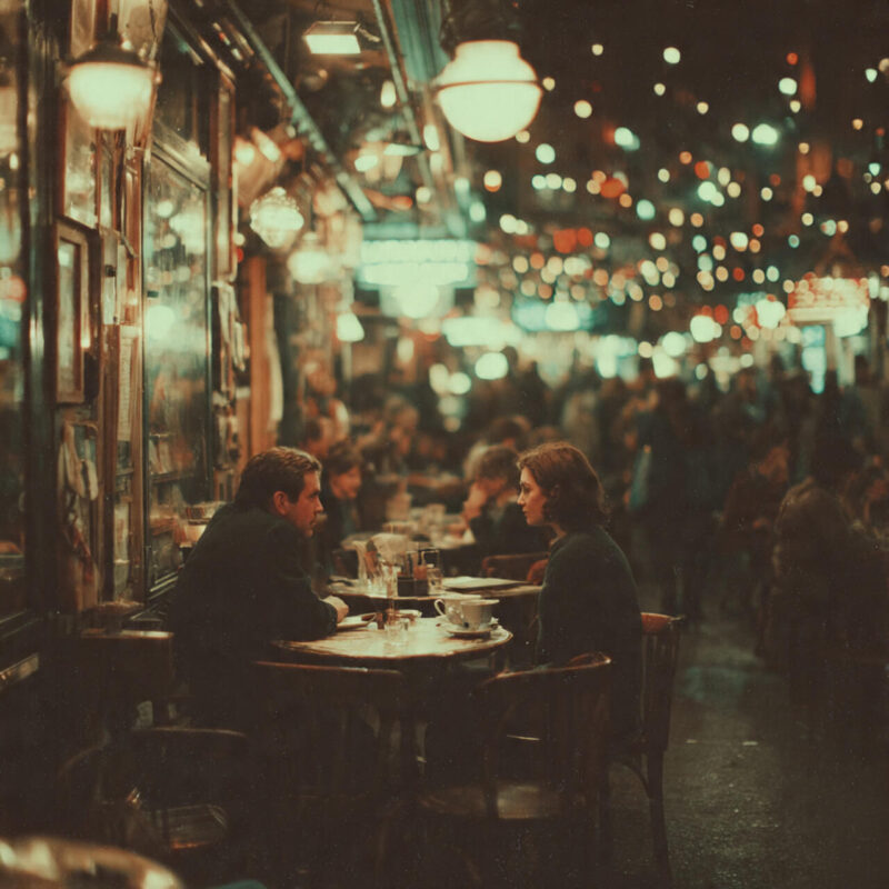 Two people sitting across from each other in a softly lit evening café, practising active listening and meaningful communication — illustrating real-world social intelligence
