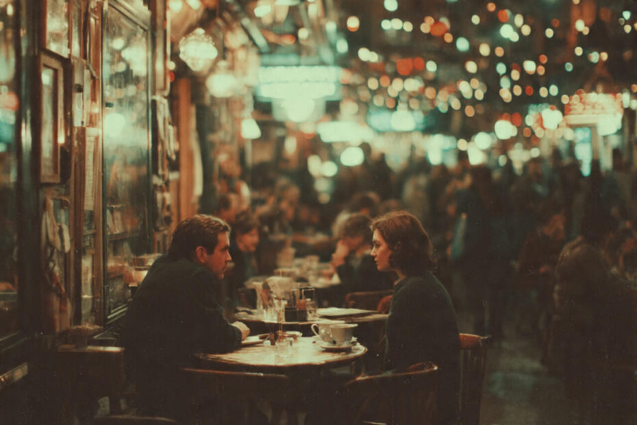 Two people sitting across from each other in a softly lit evening café, practising active listening and meaningful communication — illustrating real-world social intelligence