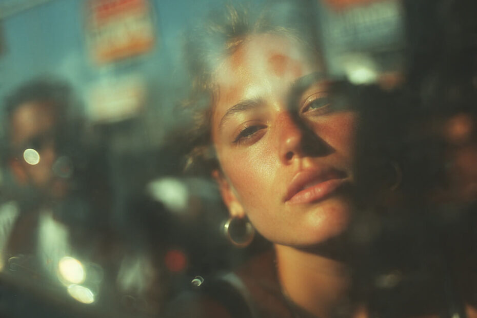 Woman's contemplative reflection in train window showing disconnection and numbness of living on autopilot with inherited beliefs