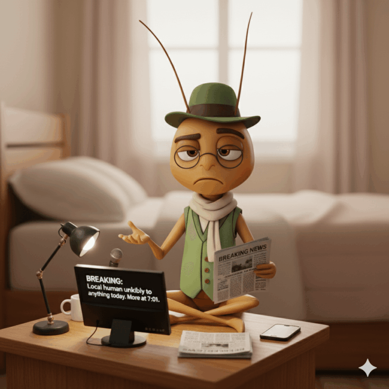 Grumpy cricket character Mr Critic at morning desk with coffee representing how to beat inner critic at 7am