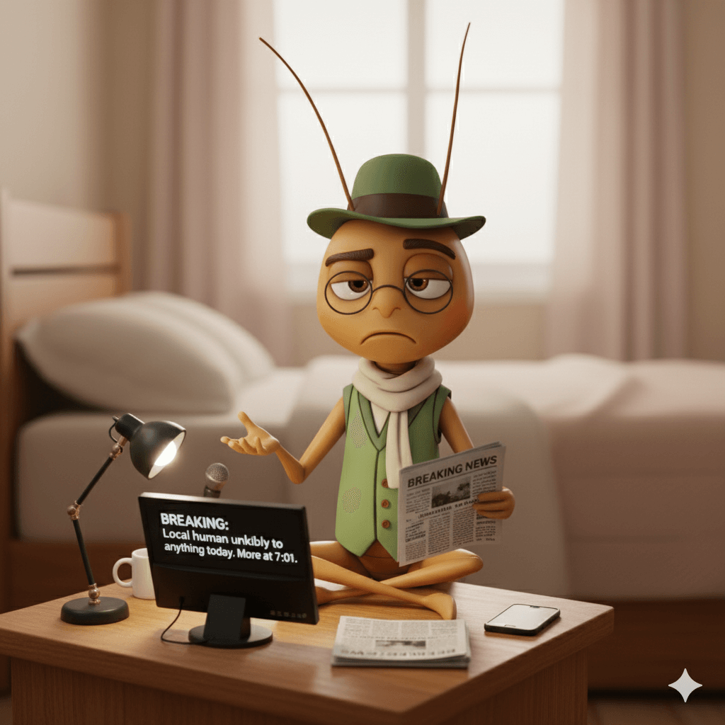 Grumpy cricket character Mr Critic at morning desk with coffee representing how to beat inner critic at 7am