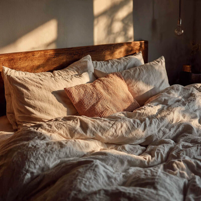 Unmade bed with rumpled linen sheets in soft morning sunlight representing consistent daily habits and unremarkable personal growth