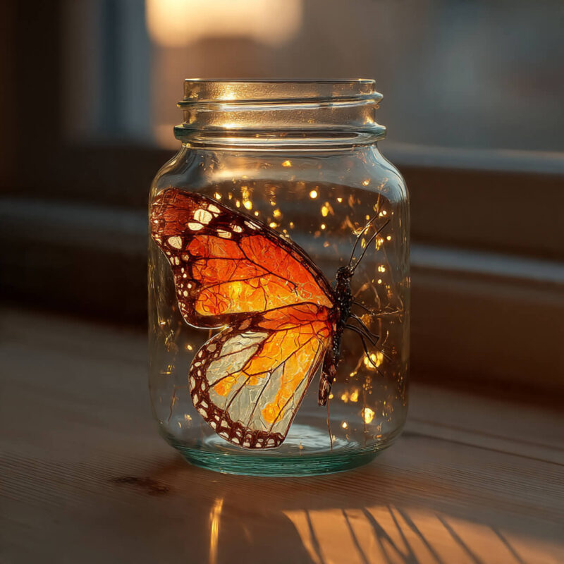 Close-up of a butterfly inside a glass jar glowing in warm sunlight, symbolising feeling trapped yet surrounded by light and potential for growth.