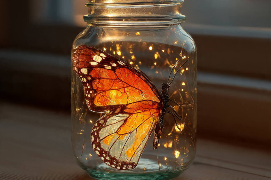 Close-up of a butterfly inside a glass jar glowing in warm sunlight, symbolising feeling trapped yet surrounded by light and potential for growth.