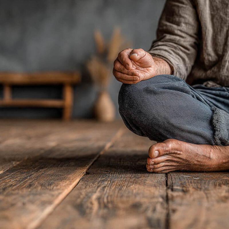 Close-up of hands and feet grounded in a simple 5 minute morning meditation, representing calm focus and mindful breathing for overwhelmed mornings.