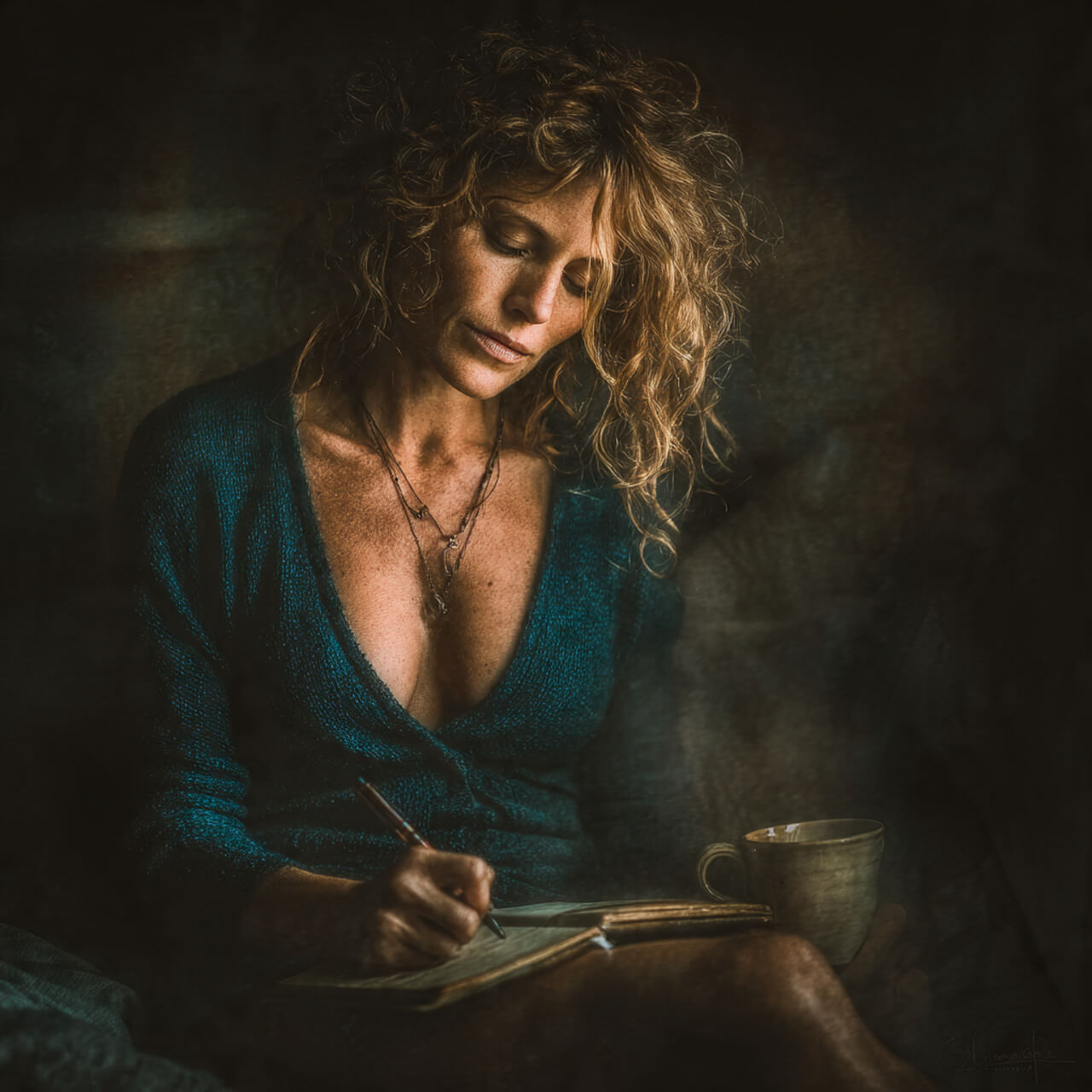 Woman writing in journal with coffee cup practicing daily journaling habit for personal growth and consistency