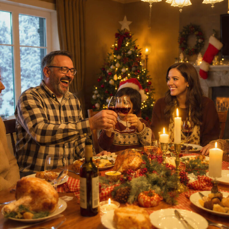 Family enjoying Christmas dinner together with wine and festive food - maintaining healthy habits while celebrating guilt-fre