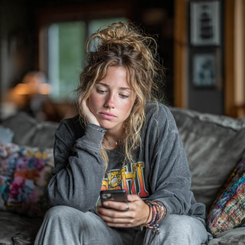 Person sitting on a sofa in loungewear, looking tired and unmotivated while holding a phone — representing guilt and resistance around exercise