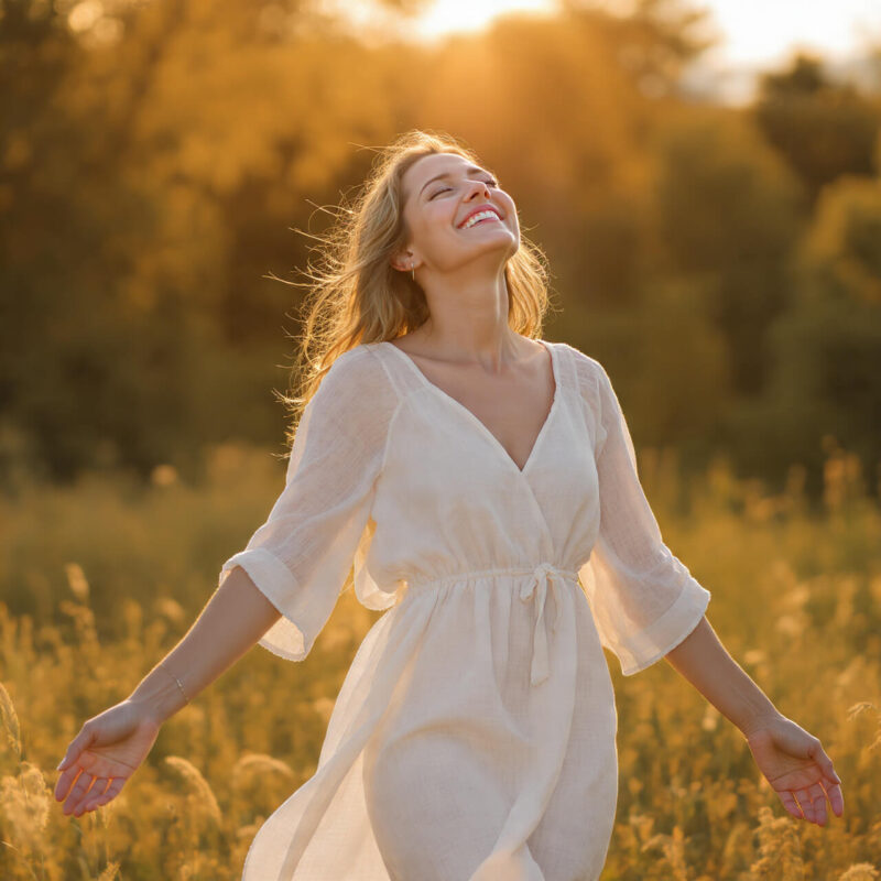 Happy woman with arms open in golden sunlight experiencing inner peace and joy from finding happiness within herself