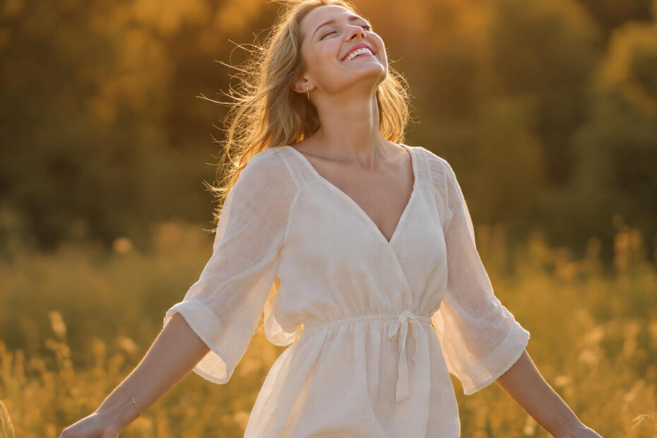 Happy woman with arms open in golden sunlight experiencing inner peace and joy from finding happiness within herself