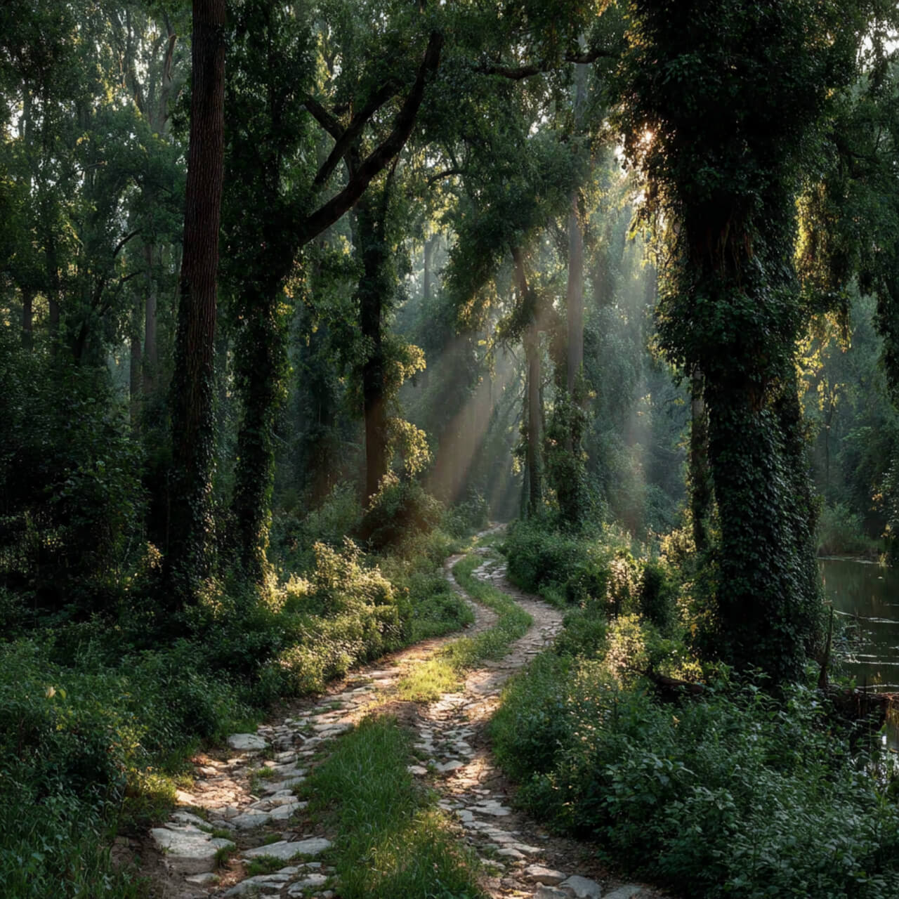 Sunlit forest path with morning mist symbolizing personal growth journey and strategic pause for clarity