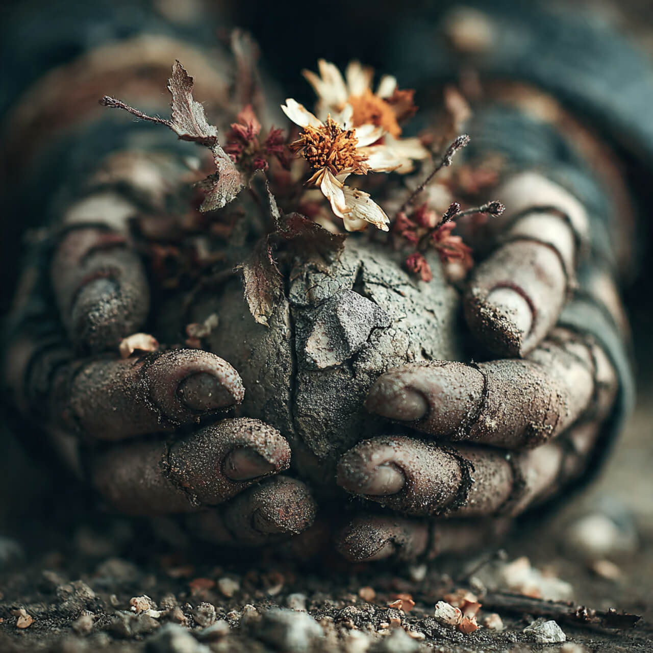 Close-up of muddy hands gently holding cracked earth with small wildflowers growing from it, symbolising self-forgiveness and healing
