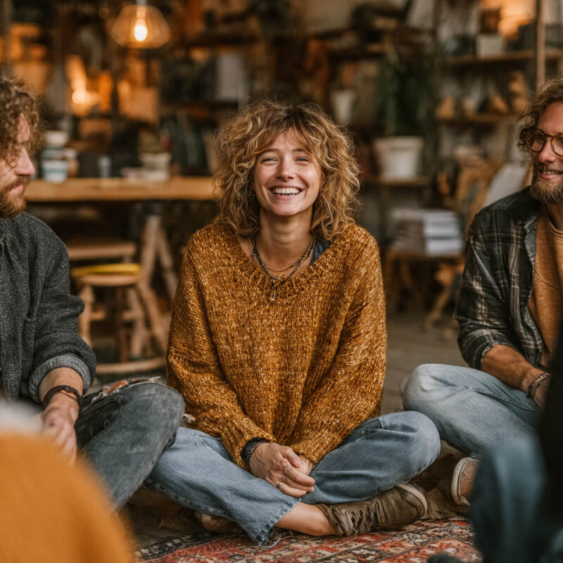 Group of people sitting in a cosy room, laughing and talking together during a social intelligence workshop symbolising connection, empathy, and improve social intelligence