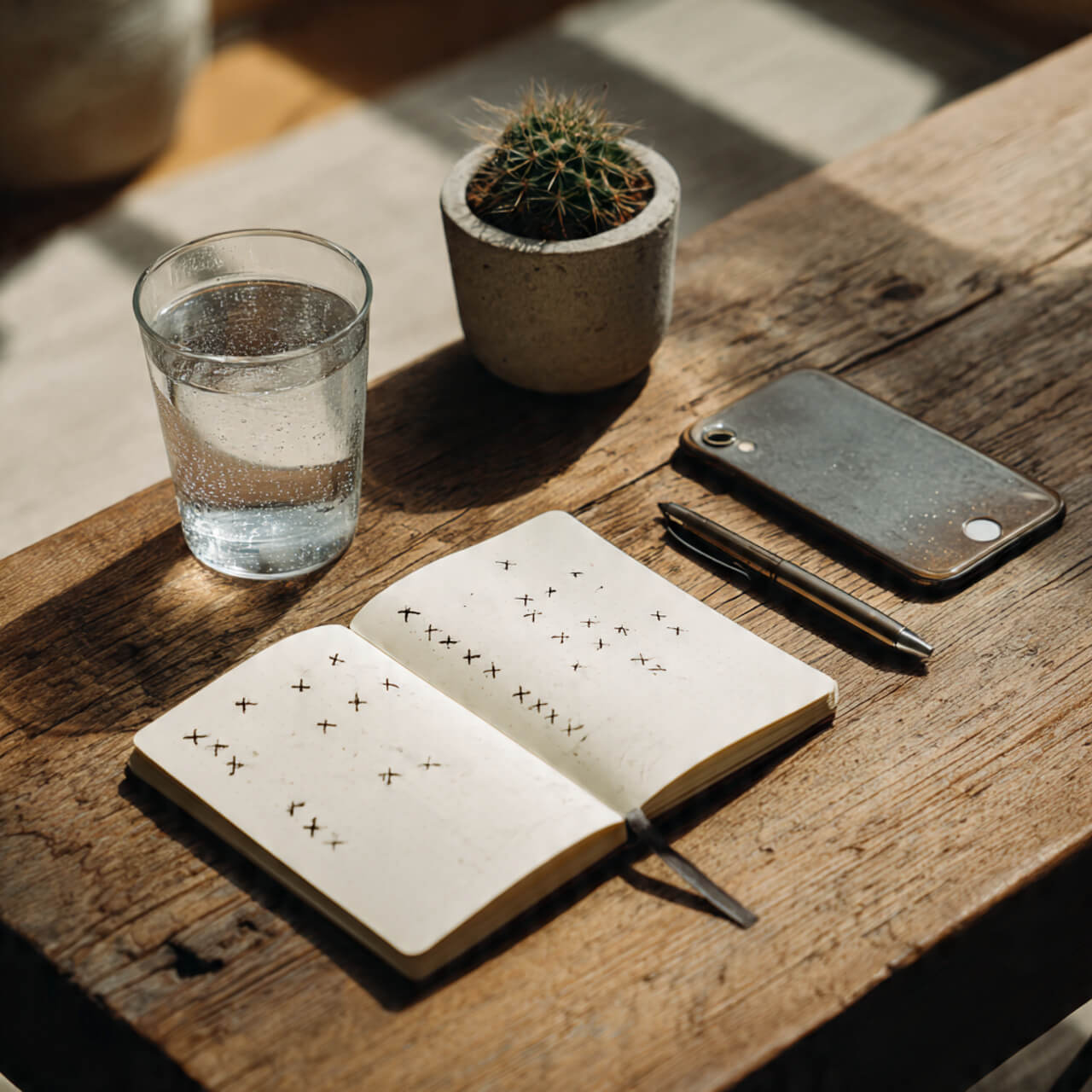 Simple habit tracking system with calendar X marks and water glass - micro habits flatlay for beginners
