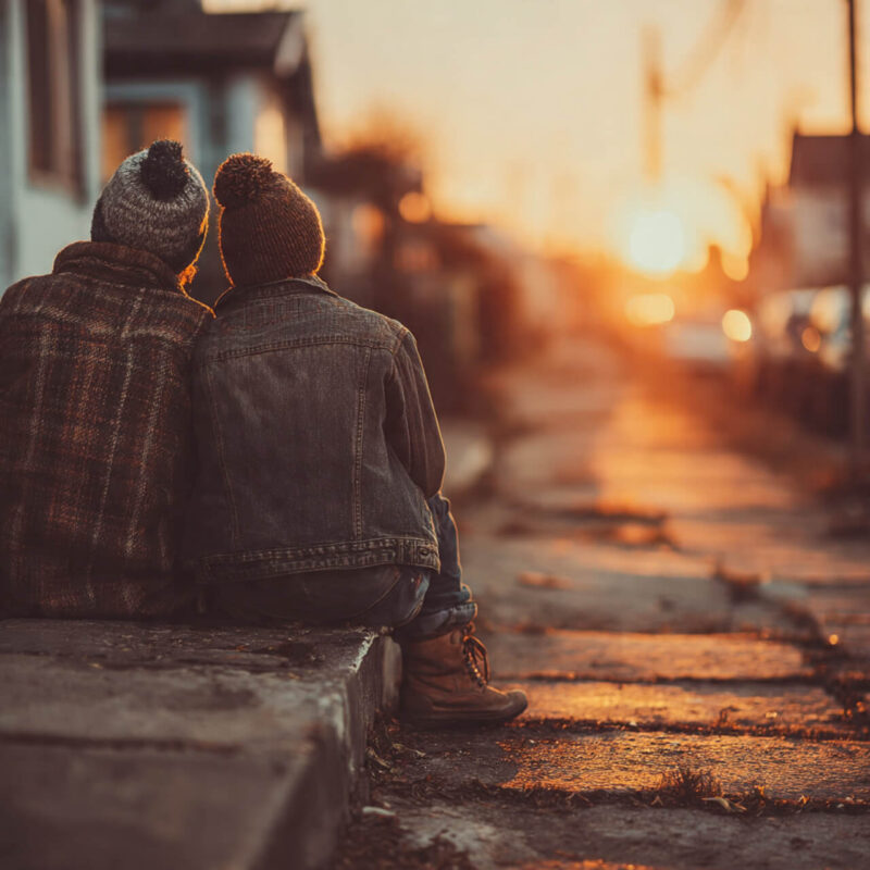 Two people sitting close together at golden hour, representing connection and support while breaking free from inherited beliefs and autopilot patterns