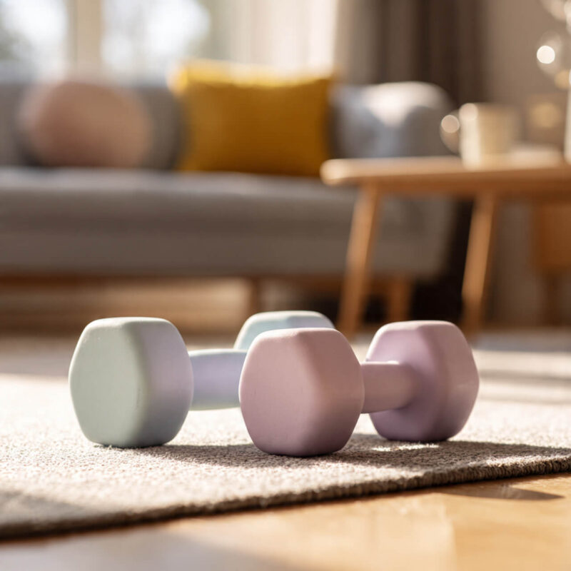 Pastel dumbbells on yoga mat in cozy living room for home workouts for beginners
