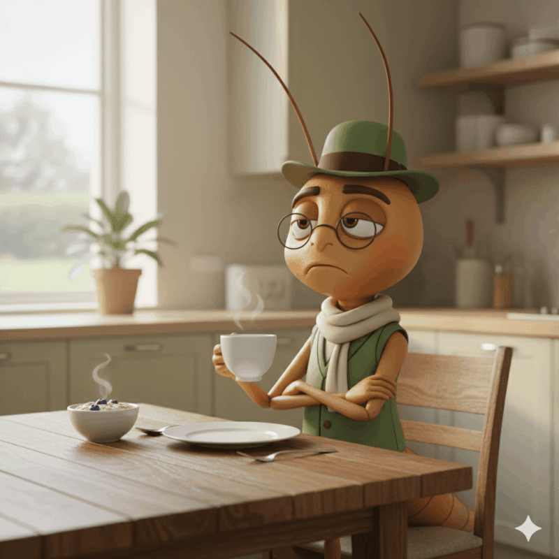 Mr Critic grumpy cricket character sitting at dinner table with coffee and bowl of food representing inner critic and food guilt at mealtimes