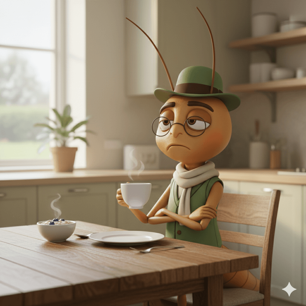 Mr Critic grumpy cricket character sitting at dinner table with coffee and bowl of food representing inner critic and food guilt at mealtimes
