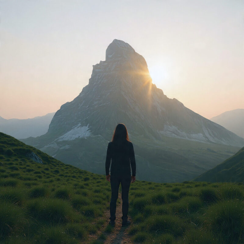 A woman stands alone facing a mountain at sunrise, symbolising invisible progress and the journey of steady growth despite unseen results.