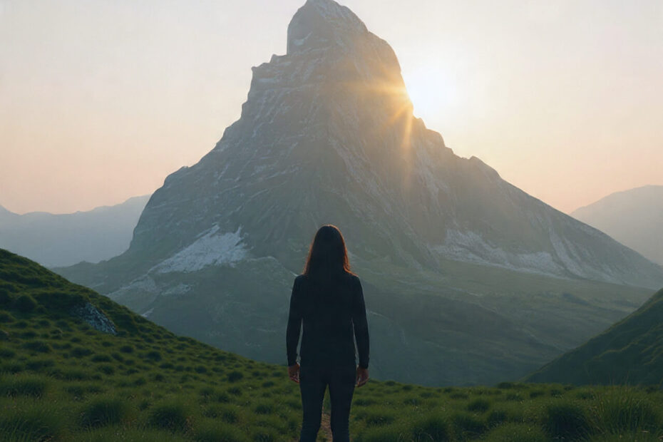 A woman stands alone facing a mountain at sunrise, symbolising invisible progress and the journey of steady growth despite unseen results.