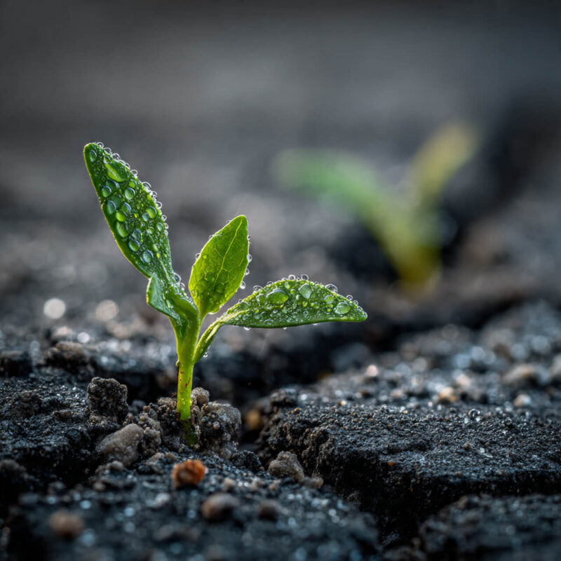 A close-up of a tiny green seedling pushing through dark soil, symbolising invisible wins and quiet personal growth taking root