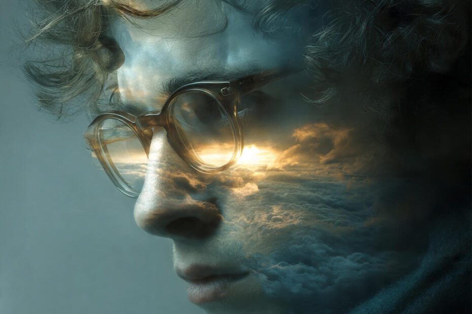 Artistic dual exposure portrait showing person in contemplation with sky overlay, representing limiting beliefs and internal identity transformation