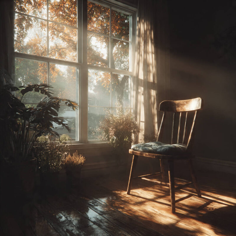 Empty wooden chair by sunlit window with plants, representing peace and presence after breaking free from living on autopilot