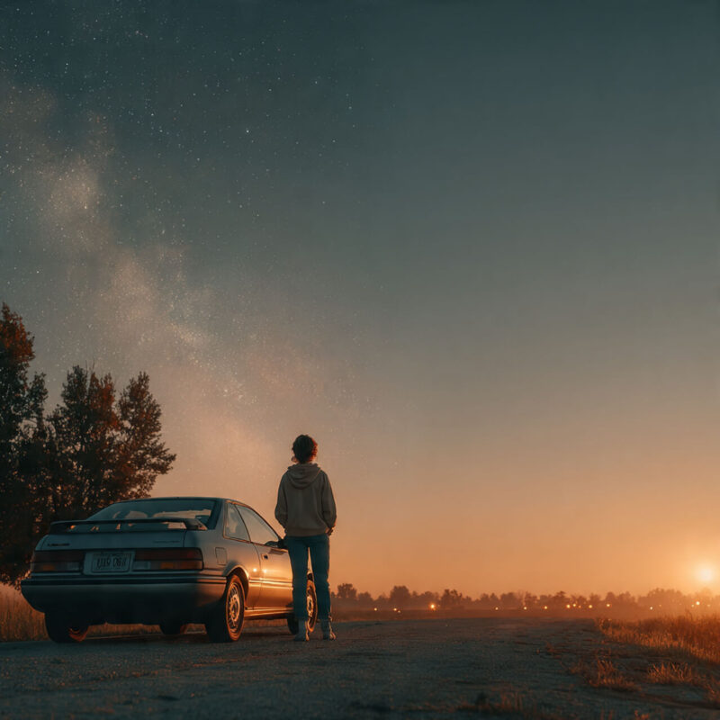 A person stands beside a parked car at dusk under a glowing night sky, symbolising everyday micro-adventures and the feeling of being alive again through small moments of wonder