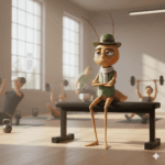 How to Handle Mr Critic at the Gym (Without Quitting Again) Mr Critic cartoon character sitting on gym bench with coffee, looking unimpressed while people exercise in background - representing the inner critic and gym anxiety