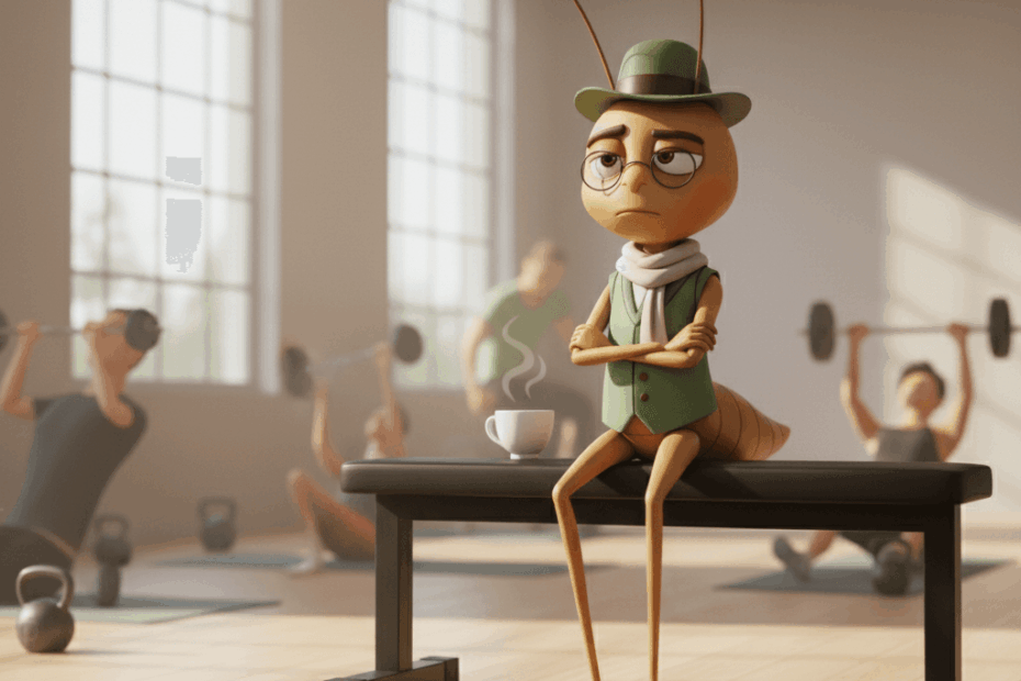 Mr Critic cartoon character sitting on gym bench with coffee, looking unimpressed while people exercise in background - representing the inner critic and gym anxiety