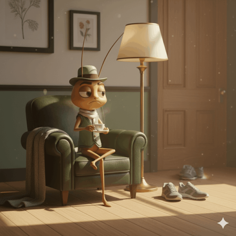 3D illustration of Mr Critic, a cricket in a sage-green waistcoat and scarf, sipping tea on an armchair beside running shoes — symbolising the inner voice that questions motivation