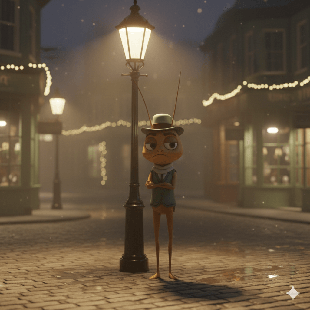 A stylised 3D cricket character in a sage waistcoat, scarf, and hat standing under a warm streetlight on a cobbled British street at night, arms crossed with a wry expression — representing the inner critic in Everyday Mastery stories.