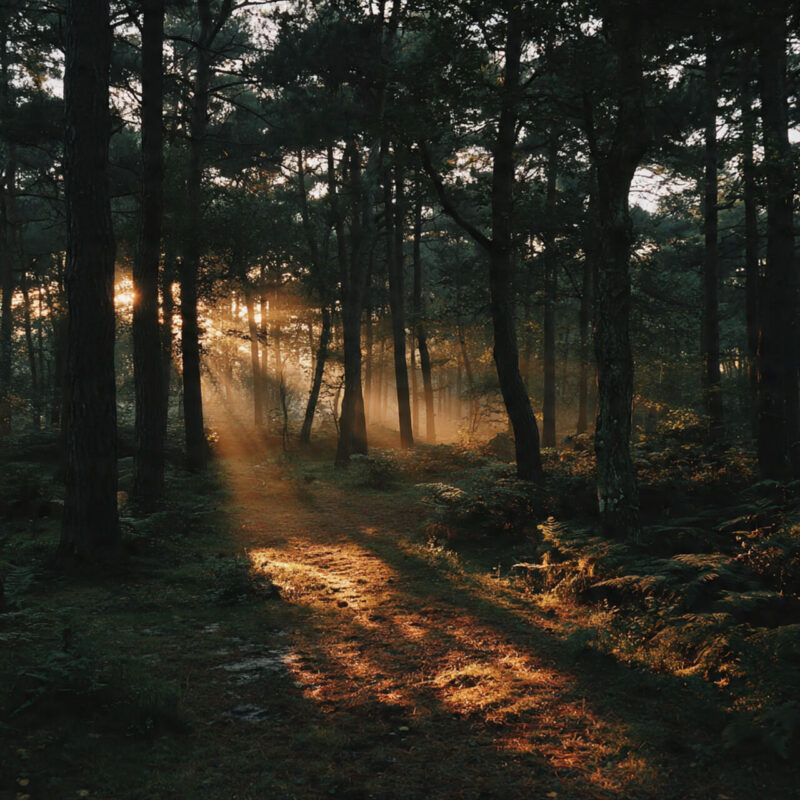 Warm sunrise filtering through forest trees with golden light on winding path, symbolizing new beginnings and possibility of change