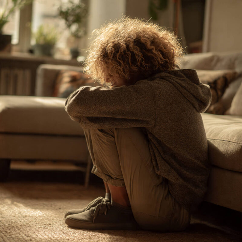 Person sitting curled up on sofa hugging knees showing anxiety and emotional overwhelm from setback