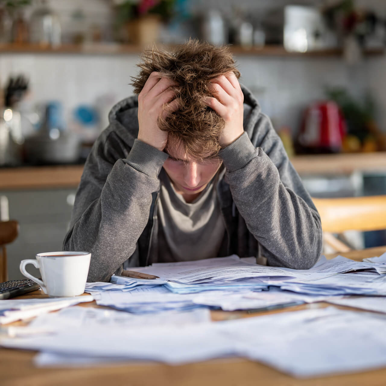 Person stressed with head in hands at kitchen table covered in bills and paperwork feeling overwhelmed by setbacks figuring it out with Amor Fati principles