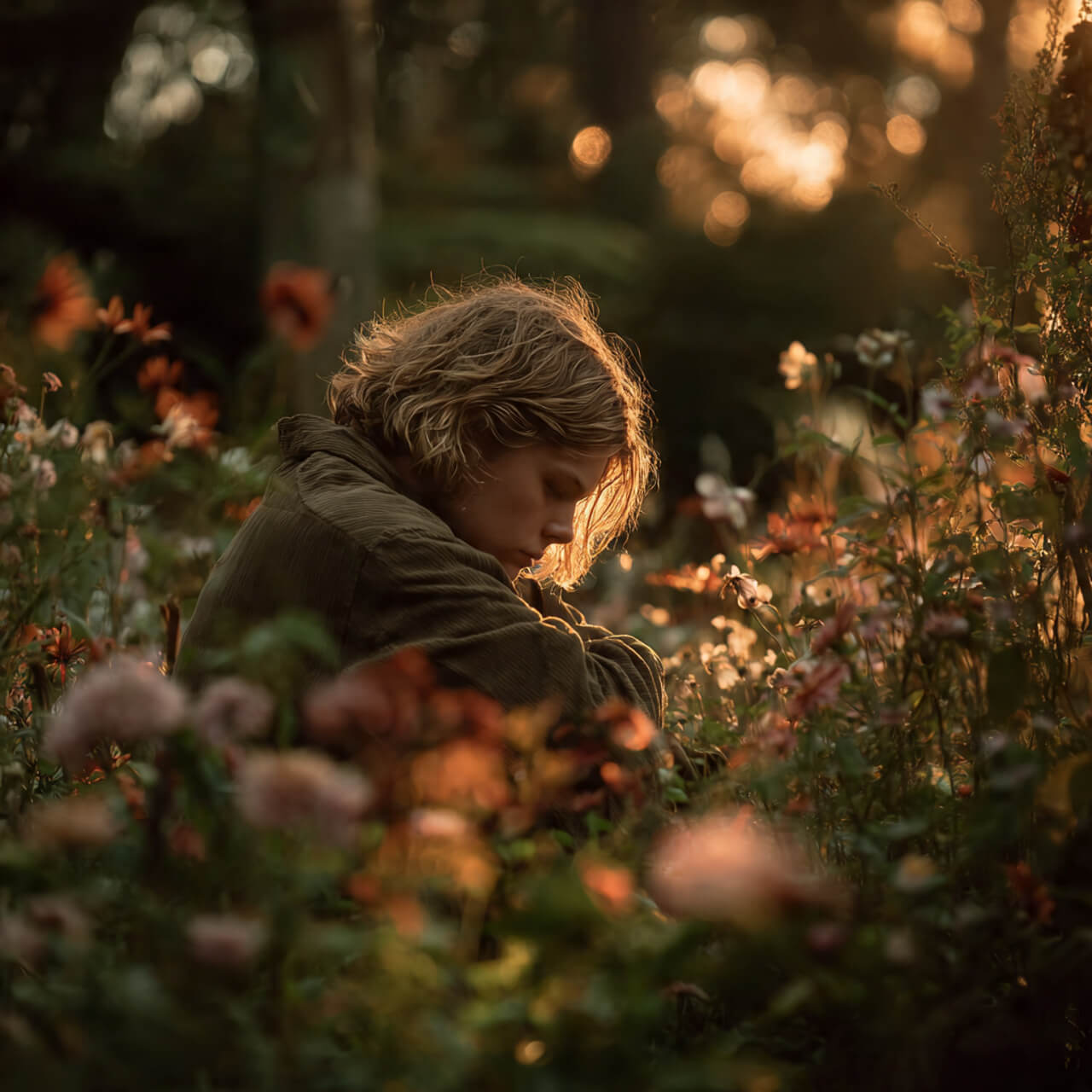 Person sitting quietly among flowers in warm sunset light, reflecting on self-forgiveness and emotional healing