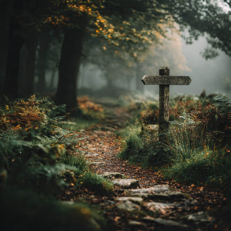 Wooden signpost on a misty forest path surrounded by autumn leaves, symbolising direction and clarity found through uncertainty using problems as learning opportunities