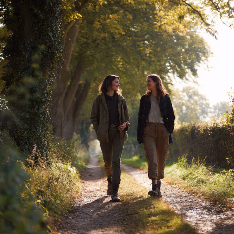 Two women walking together outdoors practicing social fitness - staying connected through walking with friends