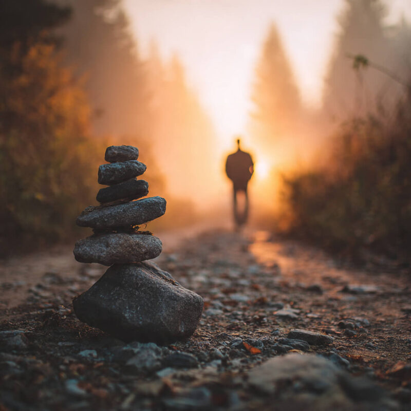 Stacked balancing stones on forest path with person walking into misty golden sunrise stoic habits for beginners